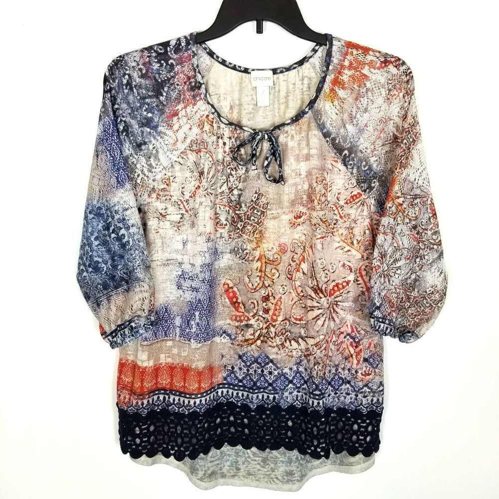 Chico's Women Floral Crochet Blouse Top Size‎ L 3/4 Sleeve Tie Neck Boho